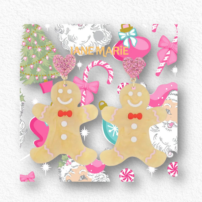 Acrylic Gingerbread Man with Pink Crystal Heart Post Earring