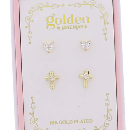 Kids 18K Gold Plated Set of 2 Heart & Cross Stud Earrings