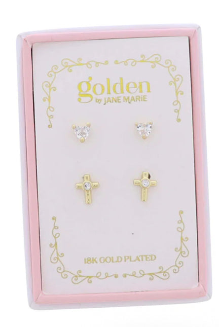 Kids 18K Gold Plated Set of 2 Heart & Cross Stud Earrings
