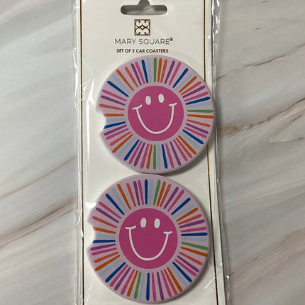 Mary Square Set of 2 Car Coasters Smiley