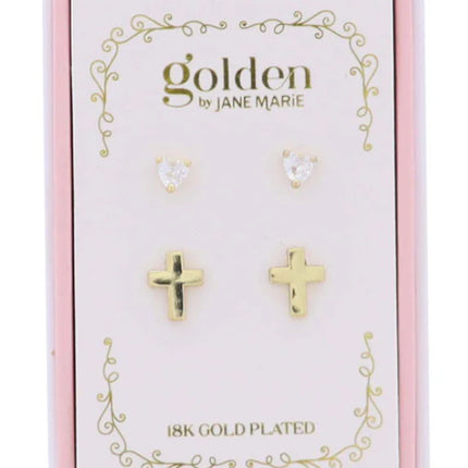 Kids 18K Gold Plated Set of 2 Heart & Gold Cross Stud Earrings