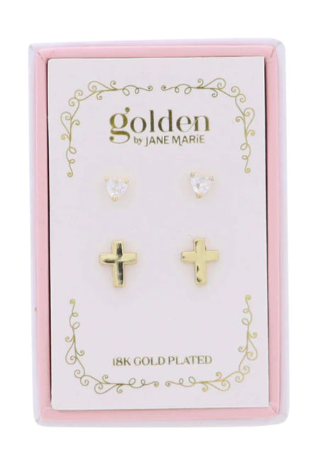Kids 18K Gold Plated Set of 2 Heart & Gold Cross Stud Earrings