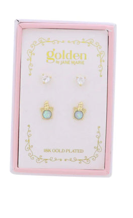 Kids 18K Gold Plated Set of 2 Heart & Opal Unicorn Stud Earrings