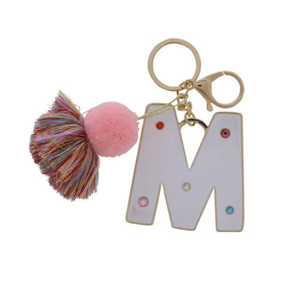 White Enamel with Multi Crystals & Pom Tassel Keychain