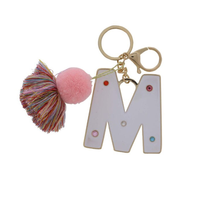 White Enamel with Multi Crystals & Pom Tassel Keychain