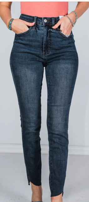 High Waisted Tummy Control Vintage Wash Hem Destroy Skinny