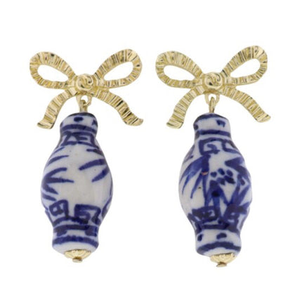 Blue and White Ginger Jar Earrings with Gold Bow