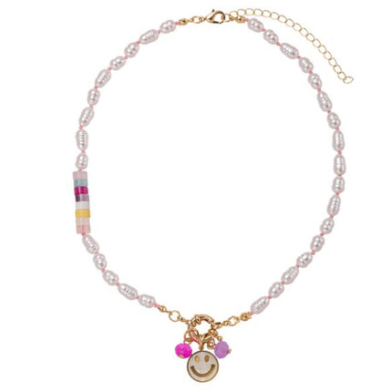 Kids Pearl Multi Stone Necklace With Happy Face & Charms