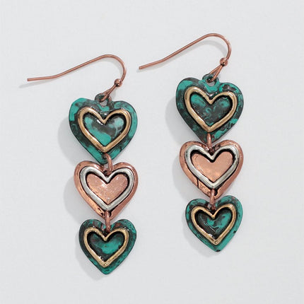 Periwinkle Patina and Copper Heart Earrings