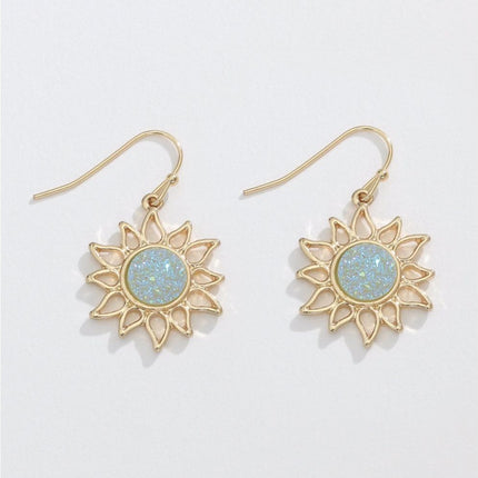 Periwinkle Earrings Iridescent Gold Suns with Mint Centers