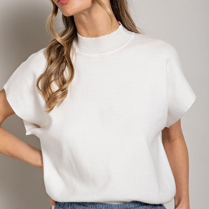 Eesome: White Knit Mock Neck Short Sleeve Top