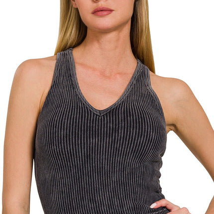 Zenana Washed Ribbed Seamless Bra Padded V-Neck Tank Top