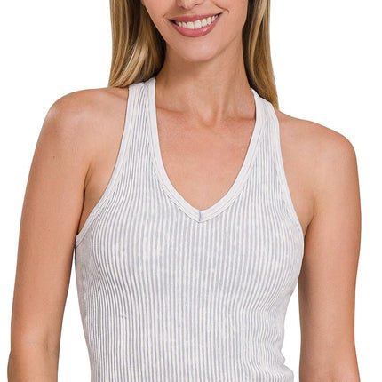 Zenana Washed Ribbed Seamless Bra Padded V-Neck Tank Top