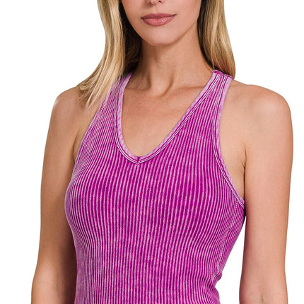 Zenana Washed Ribbed Seamless Bra Padded V-Neck Tank Top