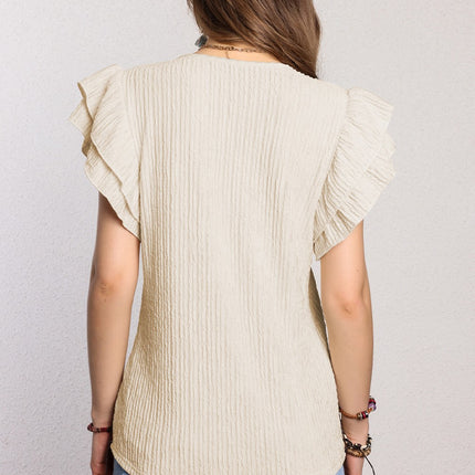 Aapparella: Apricot Crinkle Textured V-Neck Flutter Sleeve Top