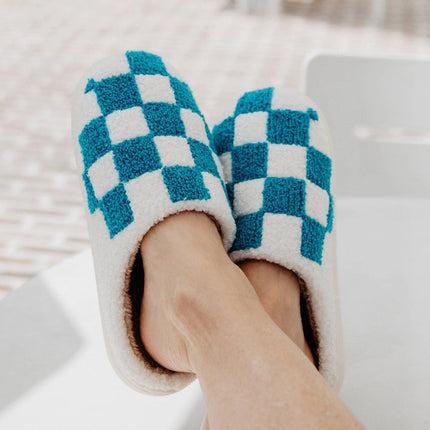 KatyDid Teal Checkered Slippers