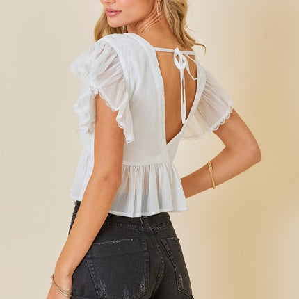 Pleated V-Neck Blouse W/ Lace Trims