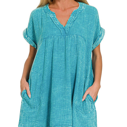 Zenana Washed Gauze V-Neck Dress