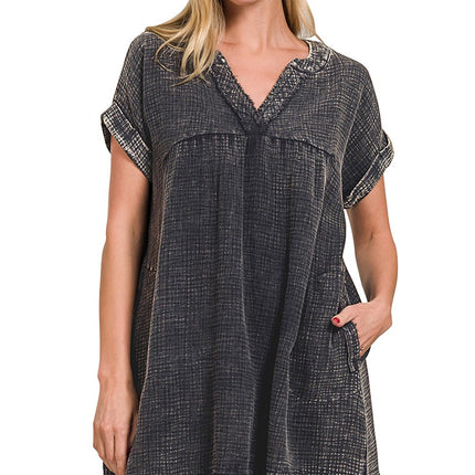 Zenana Washed Gauze V-Neck Dress