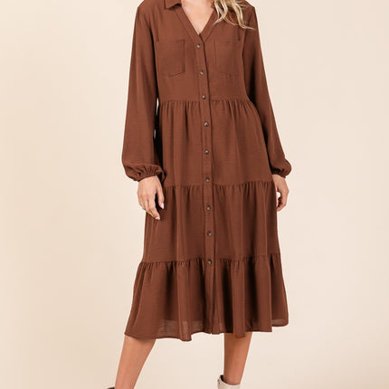 Rolypoly Tiered Long Sleeve Button Front Midi Shirt Dress