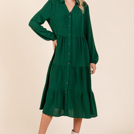 Rolypoly Tiered Long Sleeve Button Front Midi Shirt Dress