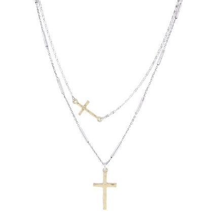 Jane Marie 2 STRAND ANTIQUE SILVER CHAIN WITH GOLD CROSS, SATELLITE BAR CHAIN WITH CROSS NECKLACE