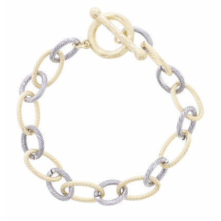 Jane Marie ANTIQUE 2-TONE TWIST TEXTURED CABLE CHAIN WITH CHUNKY HAMMERED GOLD TOGGLE BRACELET