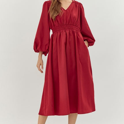 Solid Smocked Waist Midi Dress