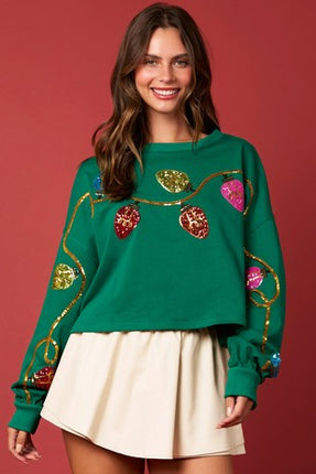 Peach Love Christmas Multi Color Sequins Cropped Sweatshirt