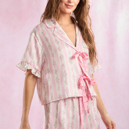 Peach Love Floral Bow Tie Satin Pajama Set