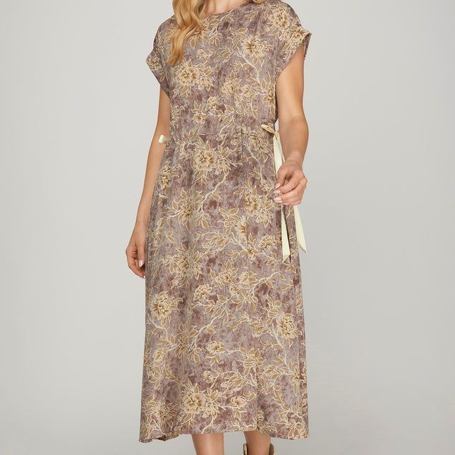 Drop Shoulder Floral Side Tie Midi Dress