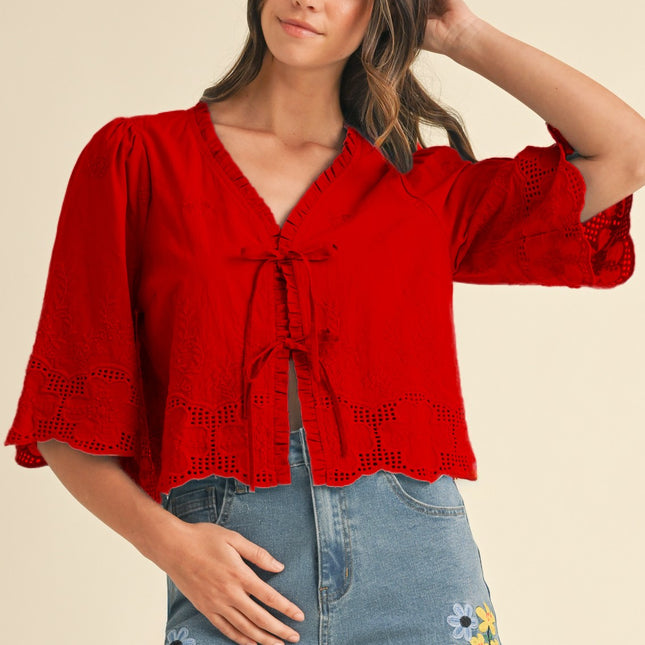 Red Floral Embroidered Tie Blouse