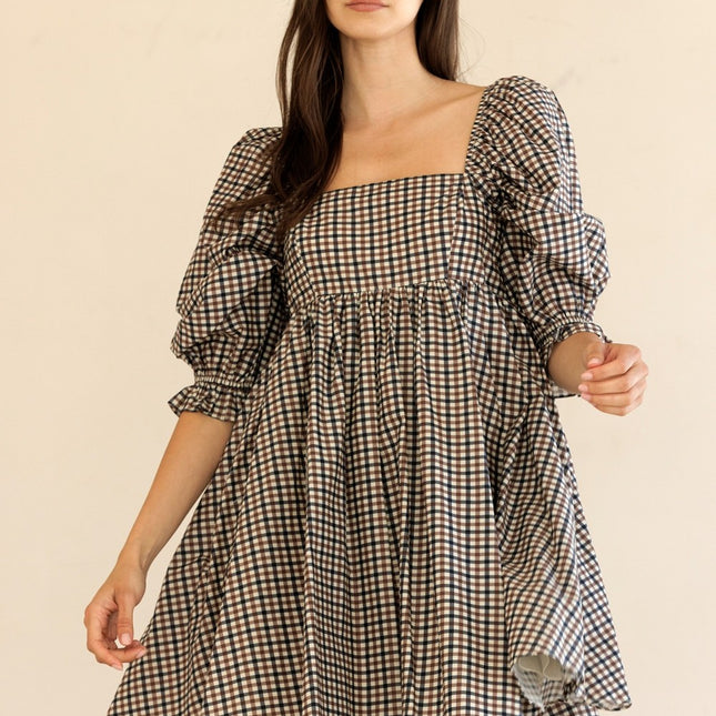 Gingham Puff Sleeve Mini Dress