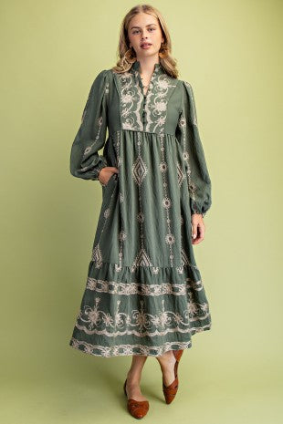 Buttoned Embroidered Midi Dress