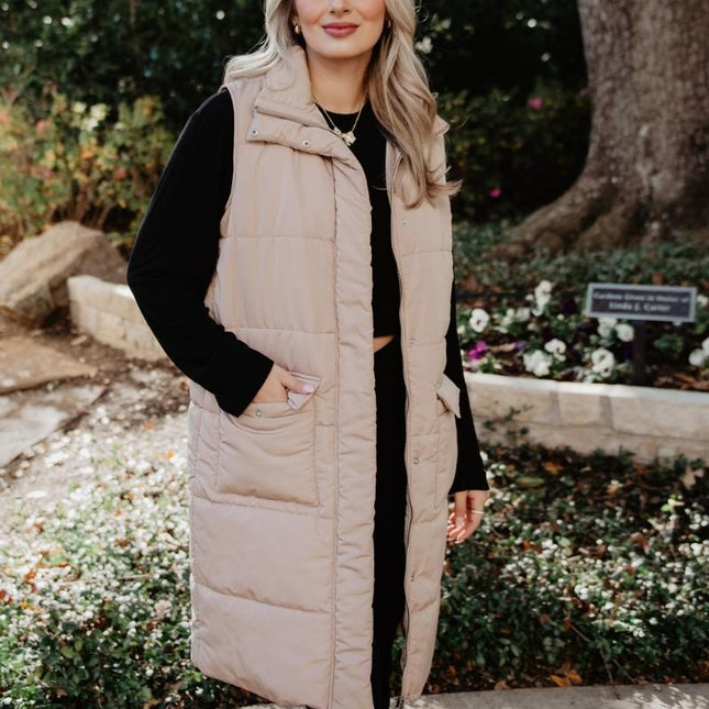 Tan Long Puffer Vest