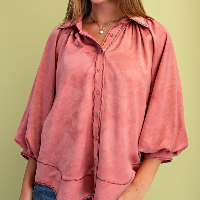 Satin Rose Balloon Sleeve Blouse