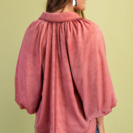 Satin Rose Balloon Sleeve Blouse