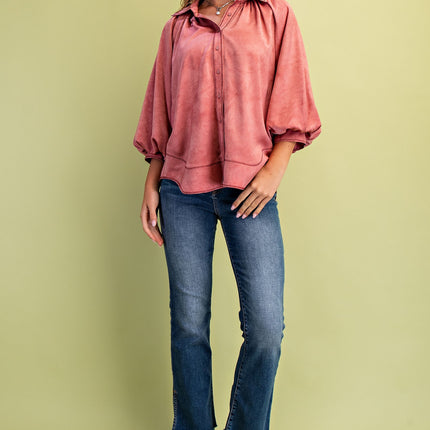 Satin Rose Balloon Sleeve Blouse