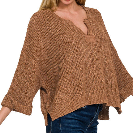 Front Slit Patch Folded Sleeve Pullover