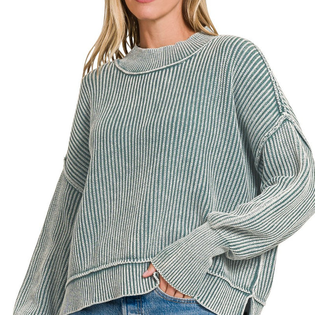 Washed Side Slit Oversized Cropped Sweater