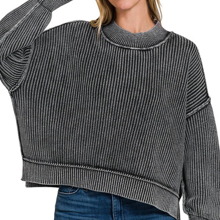 Washed Side Slit Oversized Cropped Sweater
