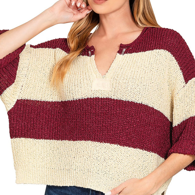 Split Neck Stripe Sweater