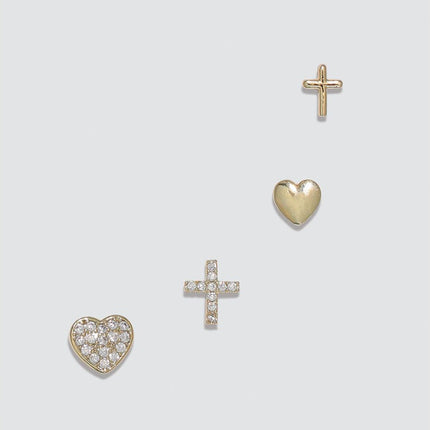 Stud Set w/ Crystal Cross & Heart