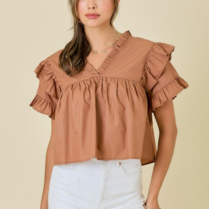 V-Neck Short Sleeve Top W/Ruffles