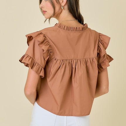 V-Neck Short Sleeve Top W/Ruffles