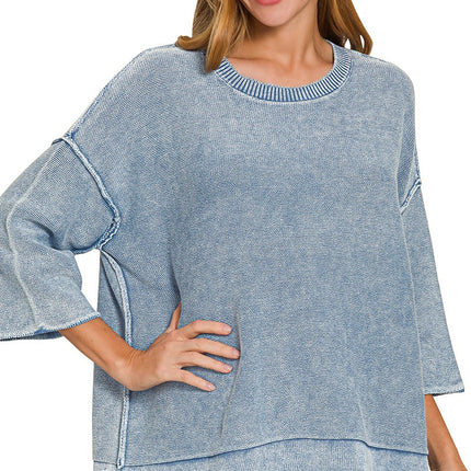 Washed 3/4 Sleeve Boxy Sweater