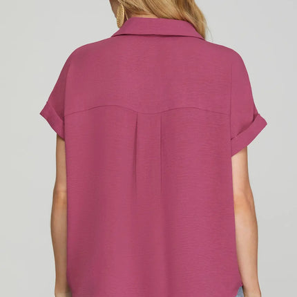 Drop Shoulder Collared Woven Top