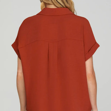 Drop Shoulder Collared Woven Top