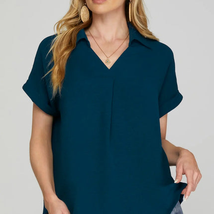 Drop Shoulder Collared Woven Top