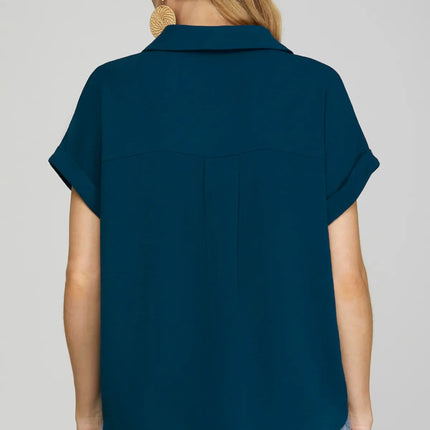 Drop Shoulder Collared Woven Top